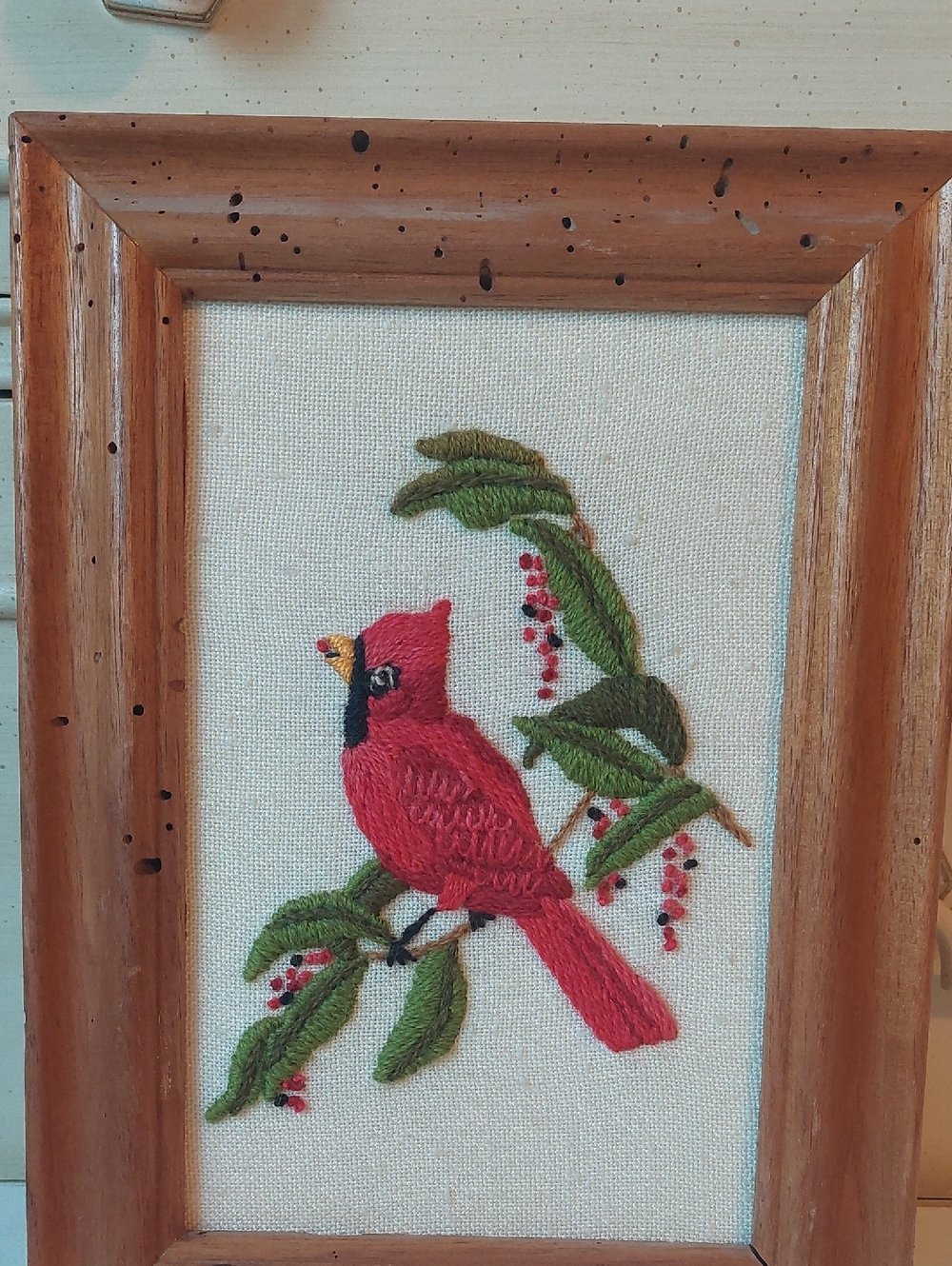 VTG Crewel work Red Cardinal Bird Wall Art - Bird Décor